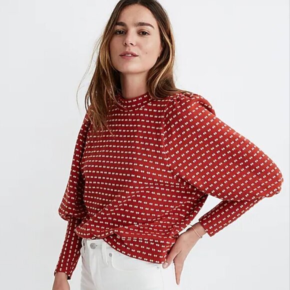 Madewell Puff-Sleeve Mockneck Top in Bow-Tie Jacquard Color Etruscan Clay Size S - Picture 2 of 9